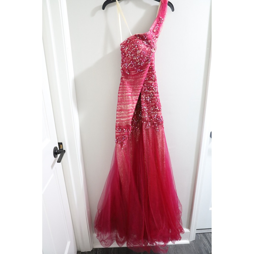 La Femme Fuchsia Pink One‎ Shoulder Mermaid Prom Dress Beaded Sequin Tulle Gown
